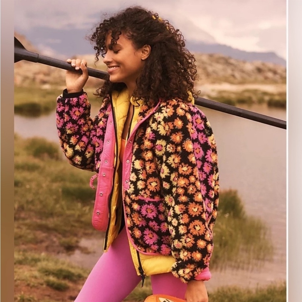 Free People Floral Sherpa Fleece Jacket Pink Yellow Boho Cottagecore XS
